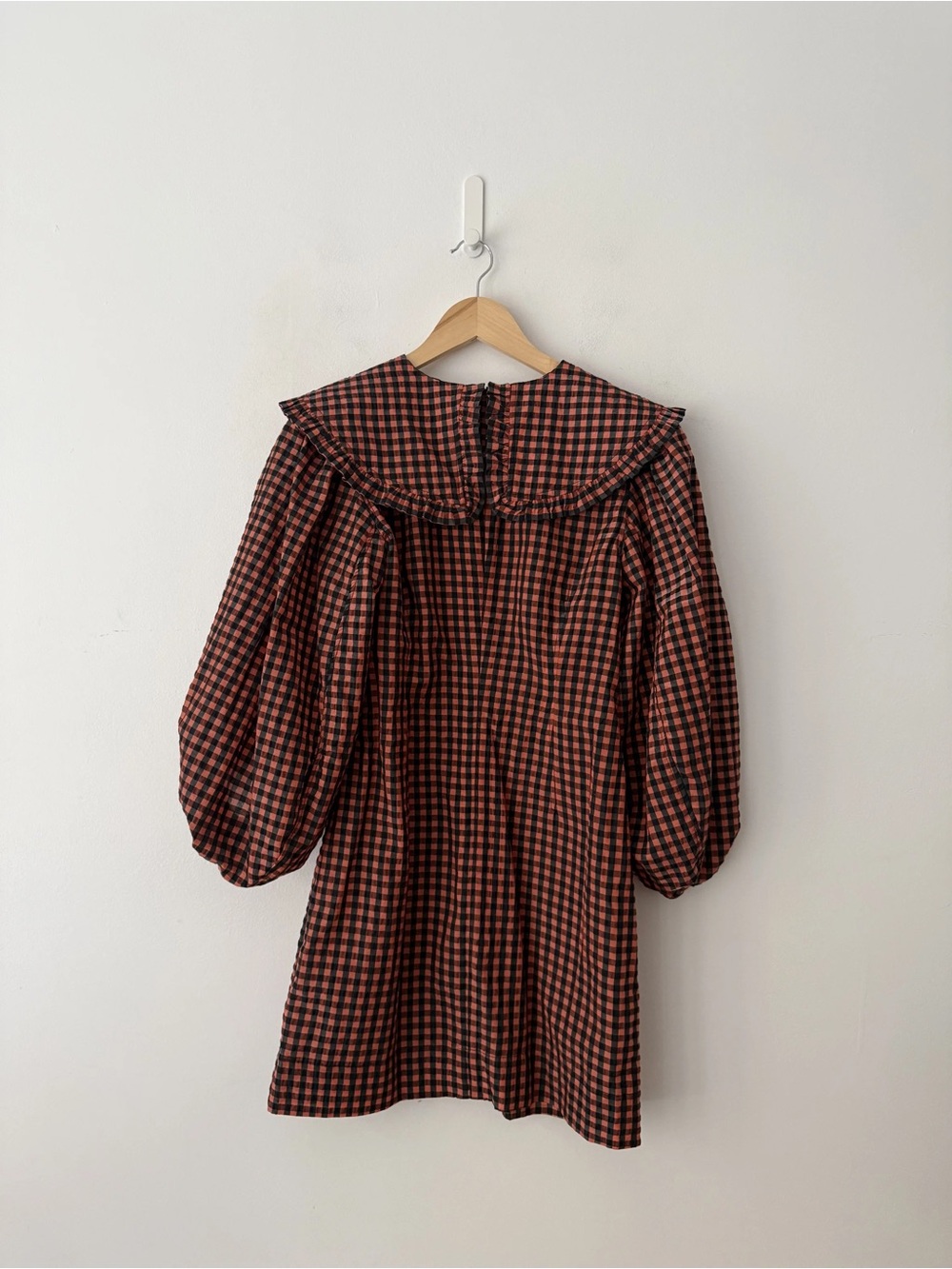 Ganni Orange & Black Checked Puff-Sleeve Mini Dress